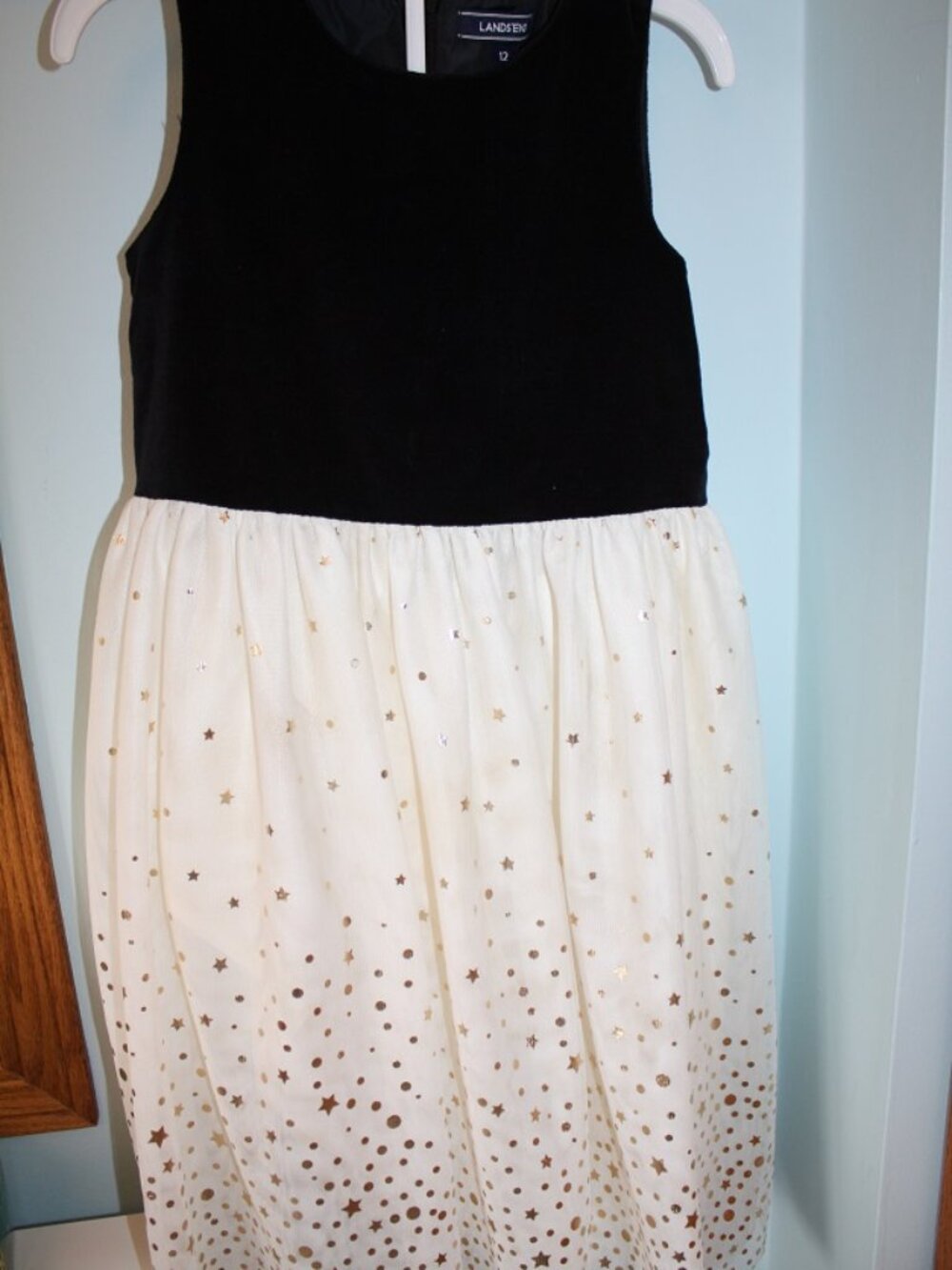 Lands End Girls Size 12 Black Velvet Ivory Gold Star Christmas Formal Dress